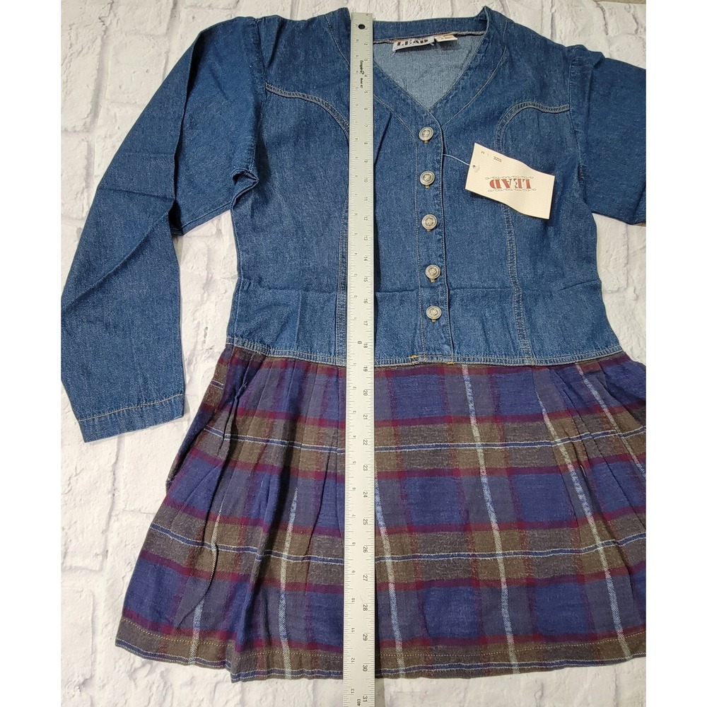 Tunic Top Dress sz Medium Pleated Plaid Flannel Denim Jean Vintage Style 90s Y2K - Picture 8 of 11